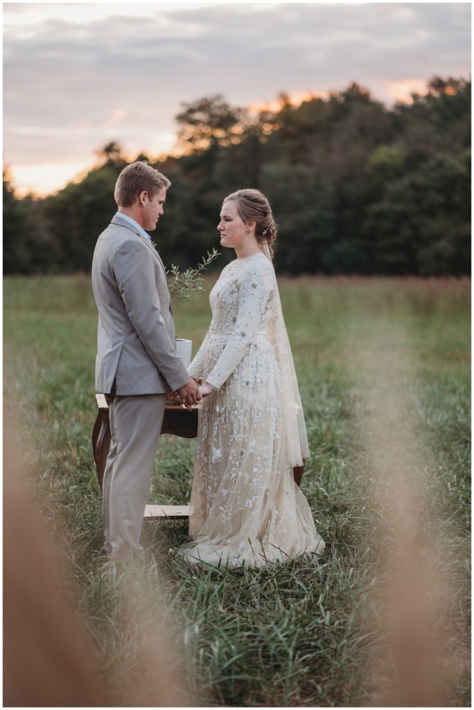 bride and groom holding hands in field in kentucky