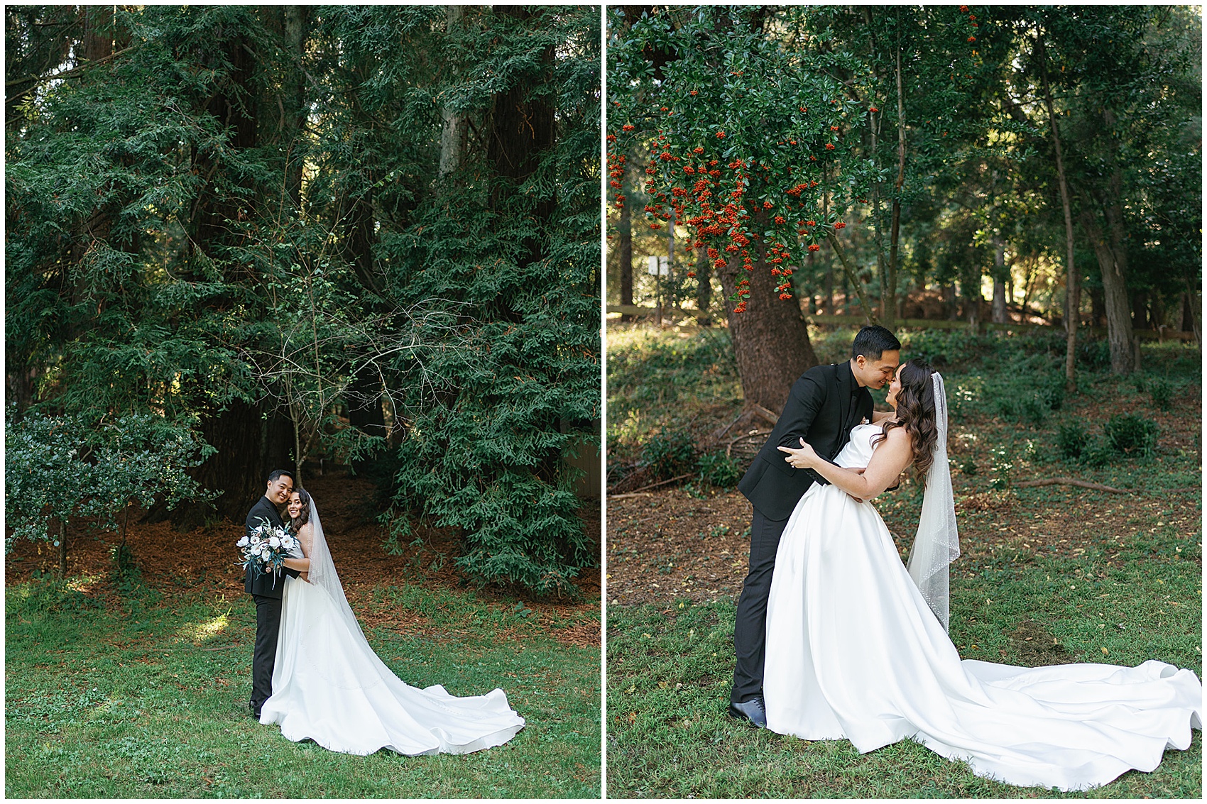 A groom dips his bride and leans in for a kiss in a forest meadow
