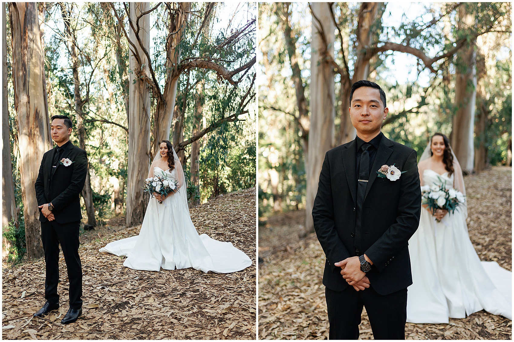 A groom stands in a leaf covered path waiting for his bride to reveal herself for a first look at their brazilian room tilden park wedding