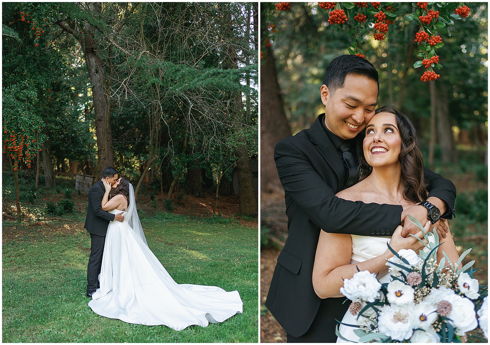 Newlyweds hus and kiss in a forest lawn at the brazilian room tilden park wedding venue