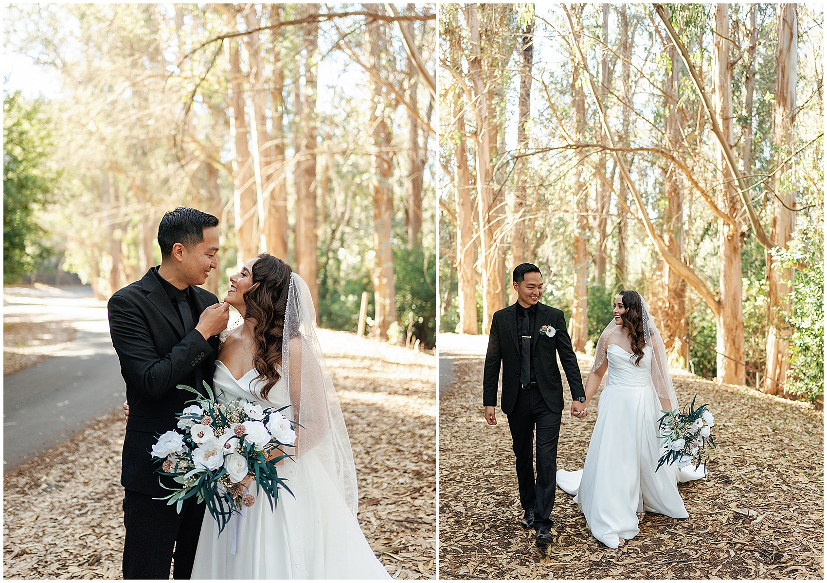 Newlyweds walk down a leaf covered path in a forest holding hands