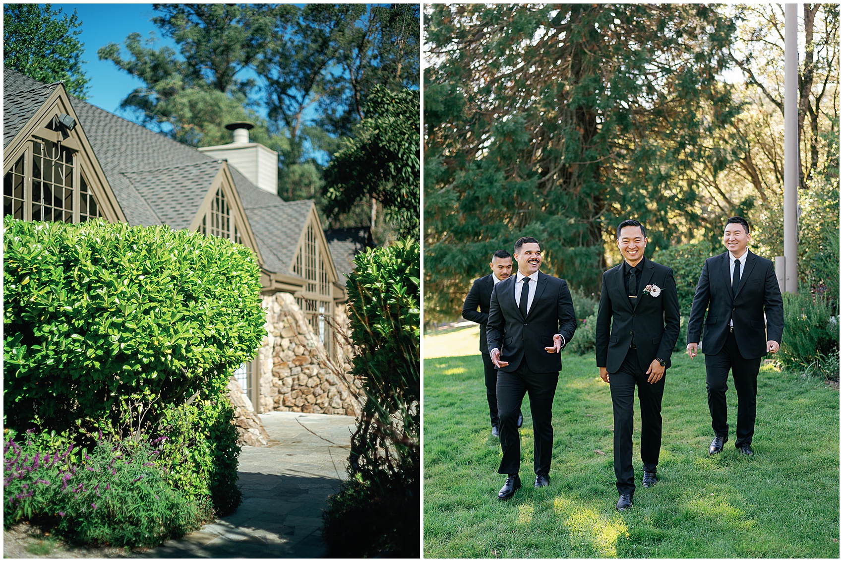 A groom walks through a garden lawn with his three groomsmen in matching black suits