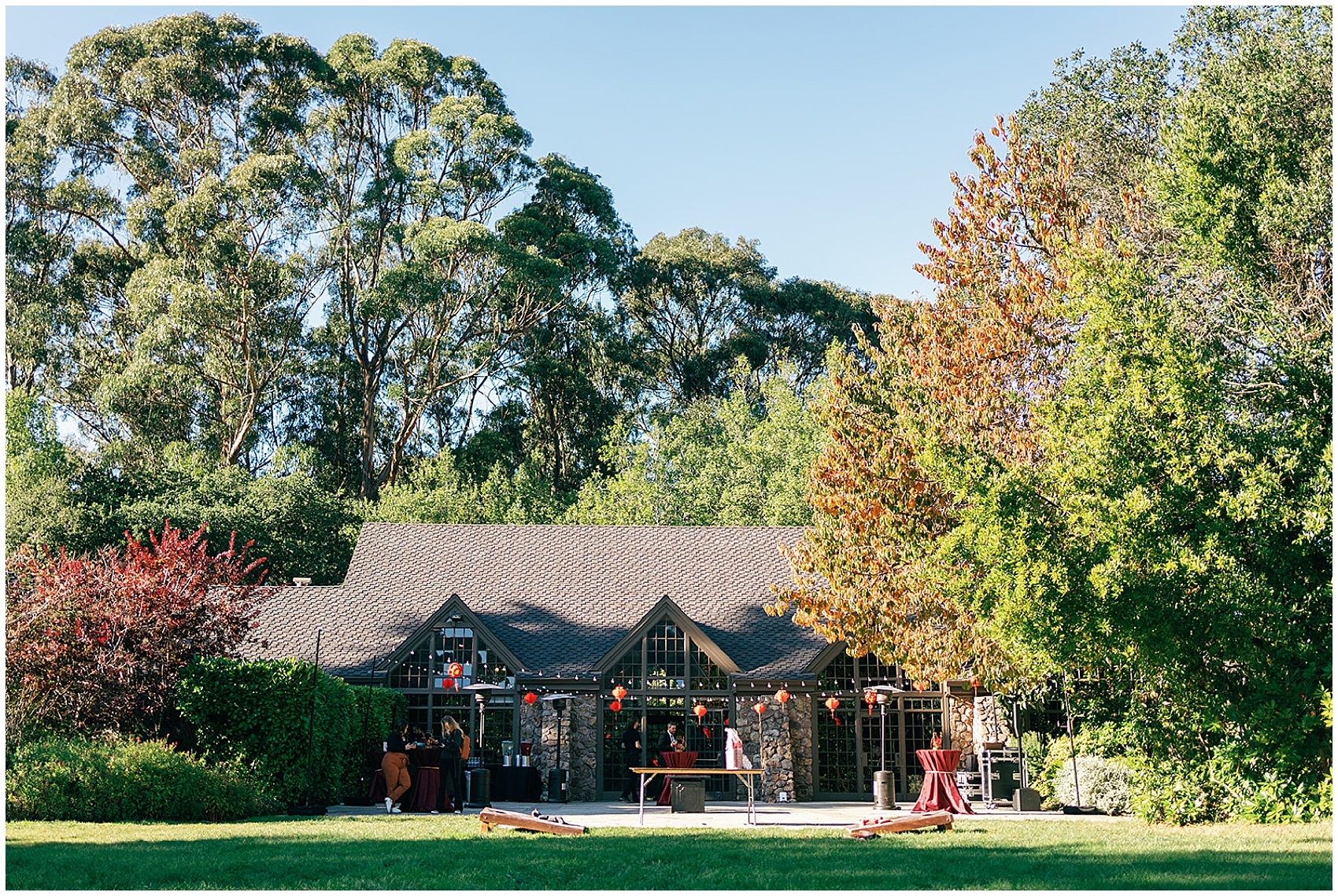 Details of the back patio and lawn set up for a brazilian room tilden park wedding reception