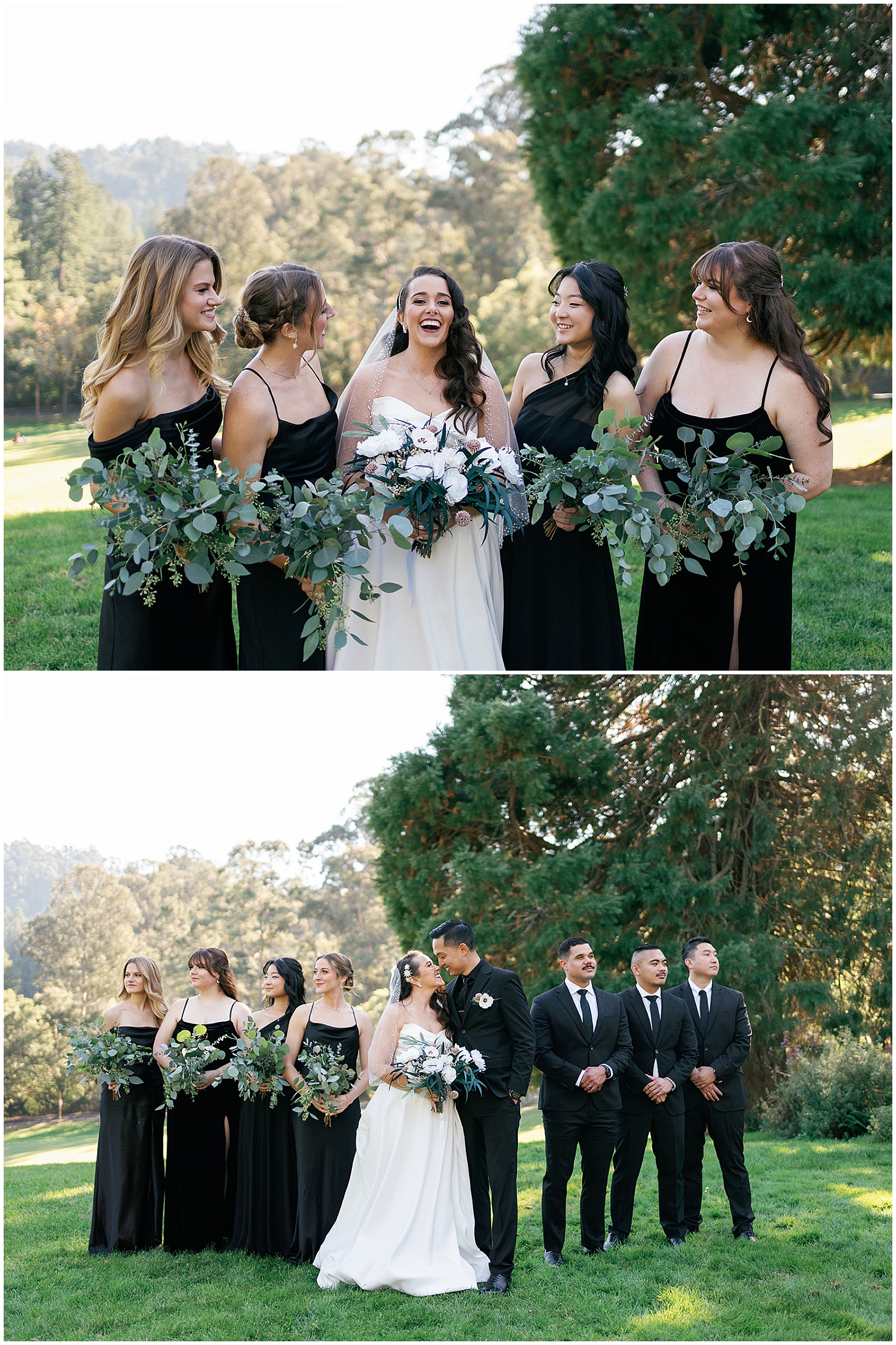 A bride stands in a field with her bridesmaids on top of her kissing her groom with the entire wedding party looking away