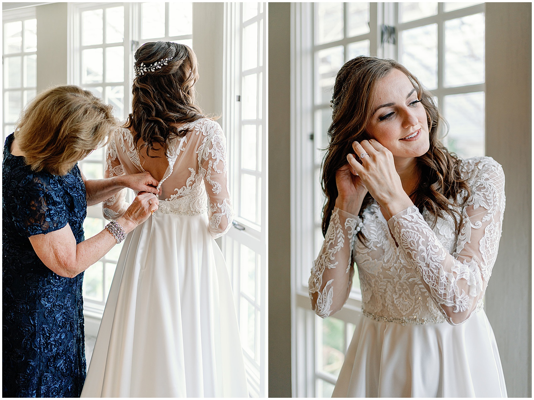 A bride finishes getting ready with mom in a room with tall windows