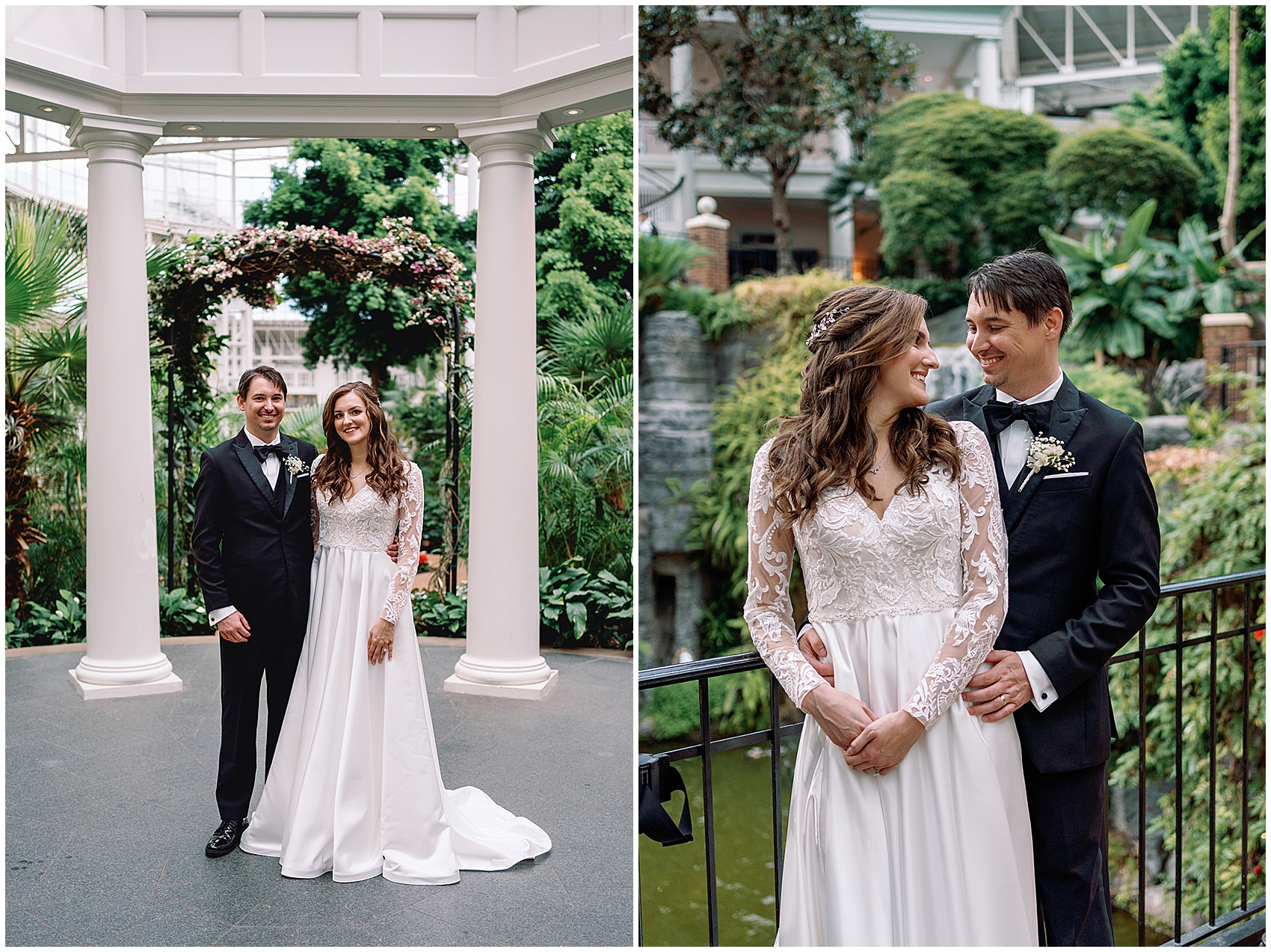 Newlyweds stand together in an indoor garden smiling and holding each other