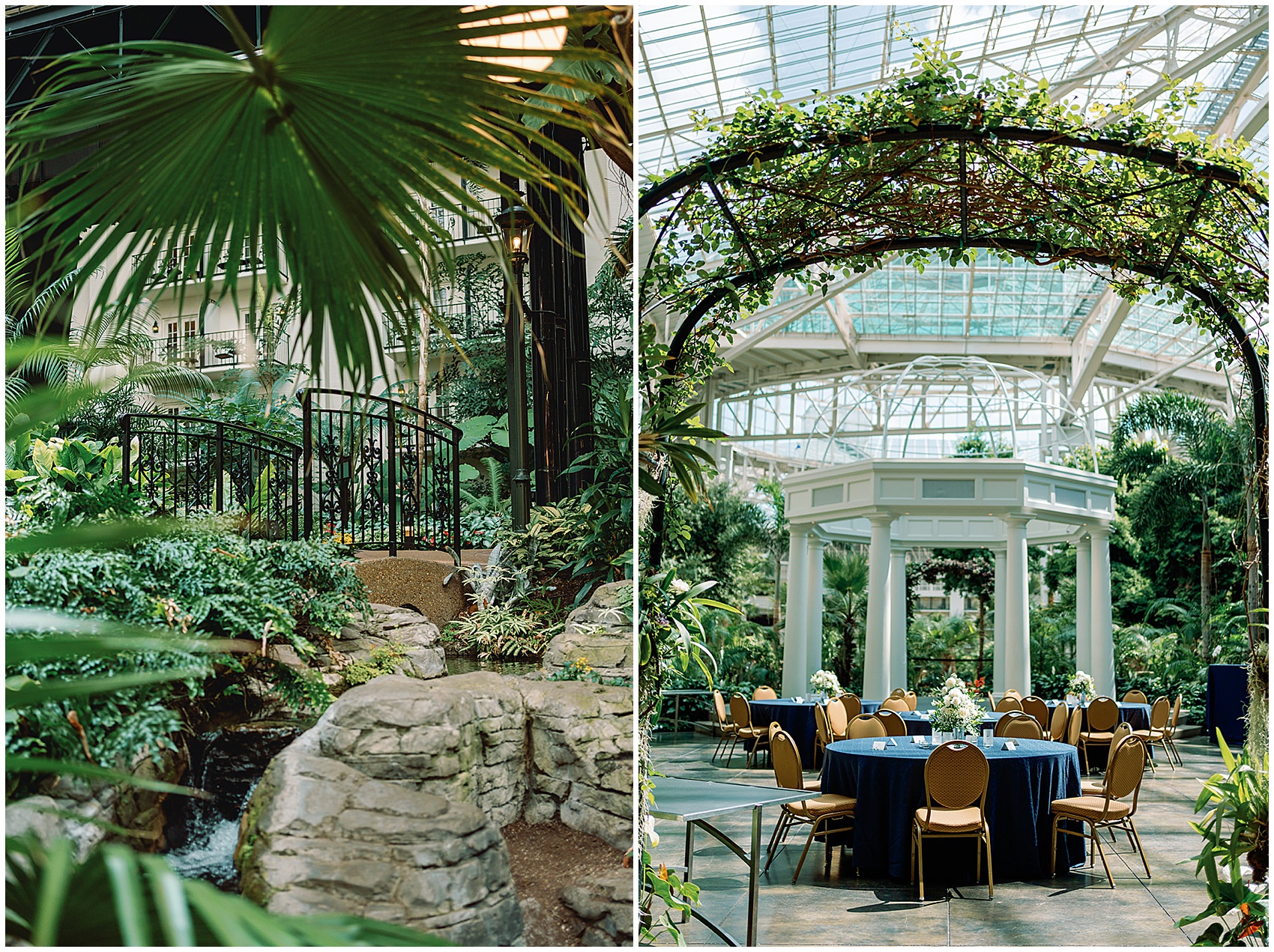 Details of the gaylord opryland wedding reception venue in a tropical greenhouse garden