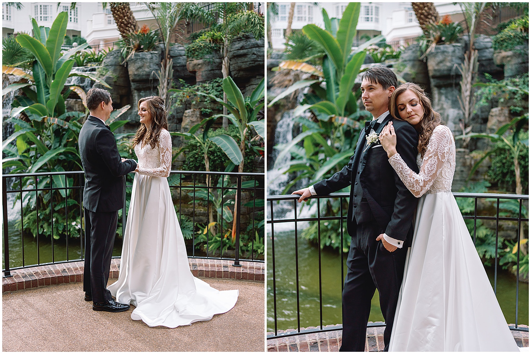 A bride rests on the shoulder of her groom in a white lace embroidered dress and him in a black tuxedo in a tropical garden