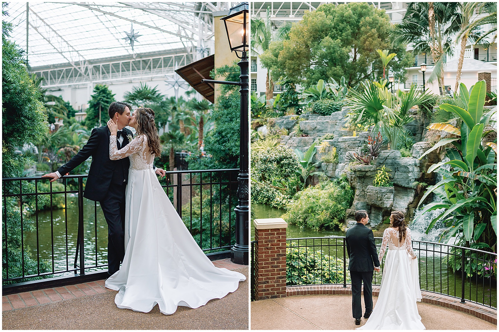 Newlyweds share a kiss and a quiet moment looking at a waterfall at their gaylord opryland wedding