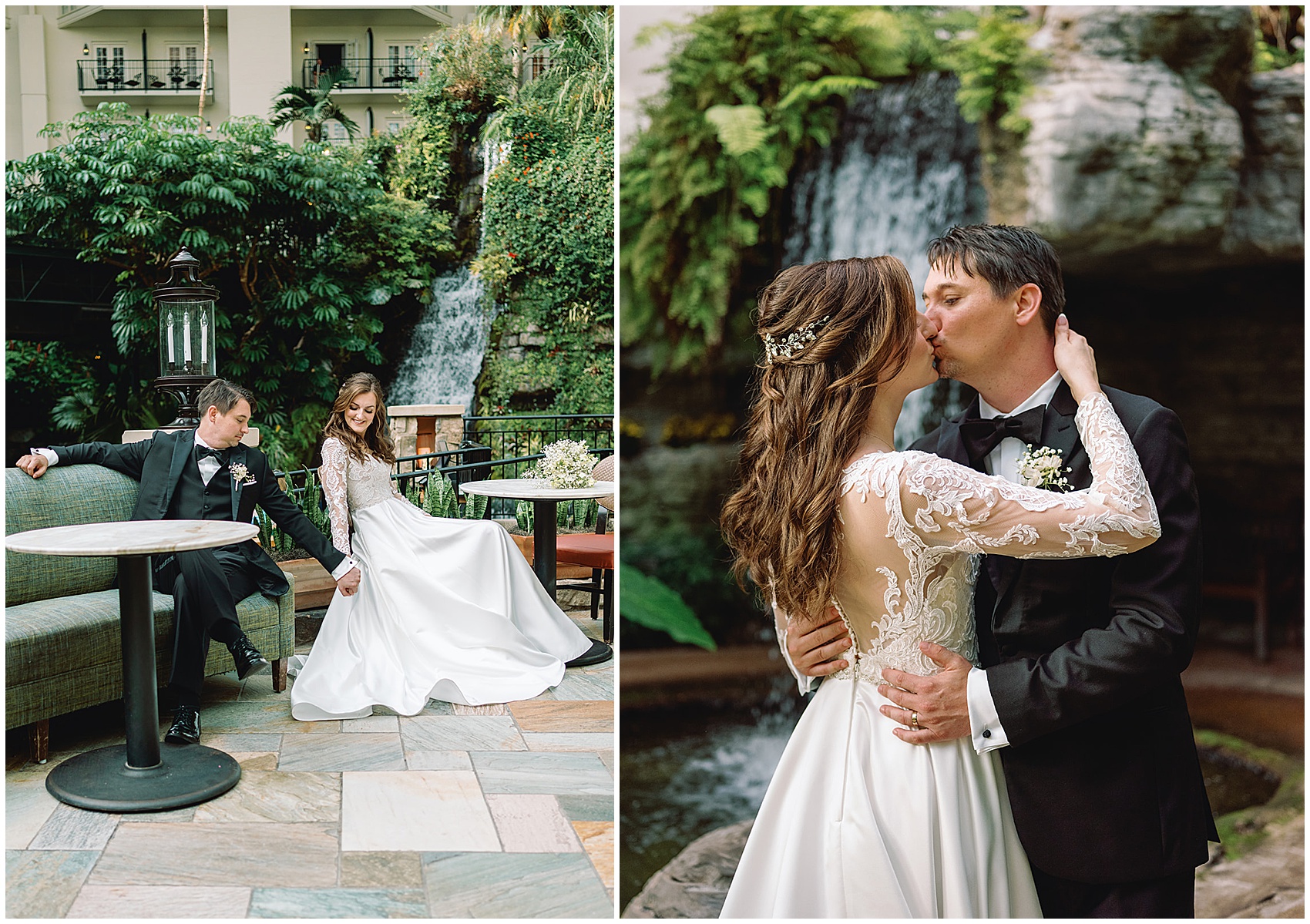 Newlyweds hold hands while sitting in patio furniture and kiss in front of a waterfall