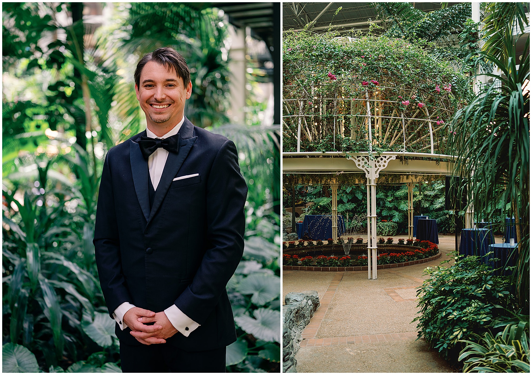 A groom stands in a tropical garden in a black tuxedo next to his wedding ceremony and cocktail hour location at his gaylord opryland wedding