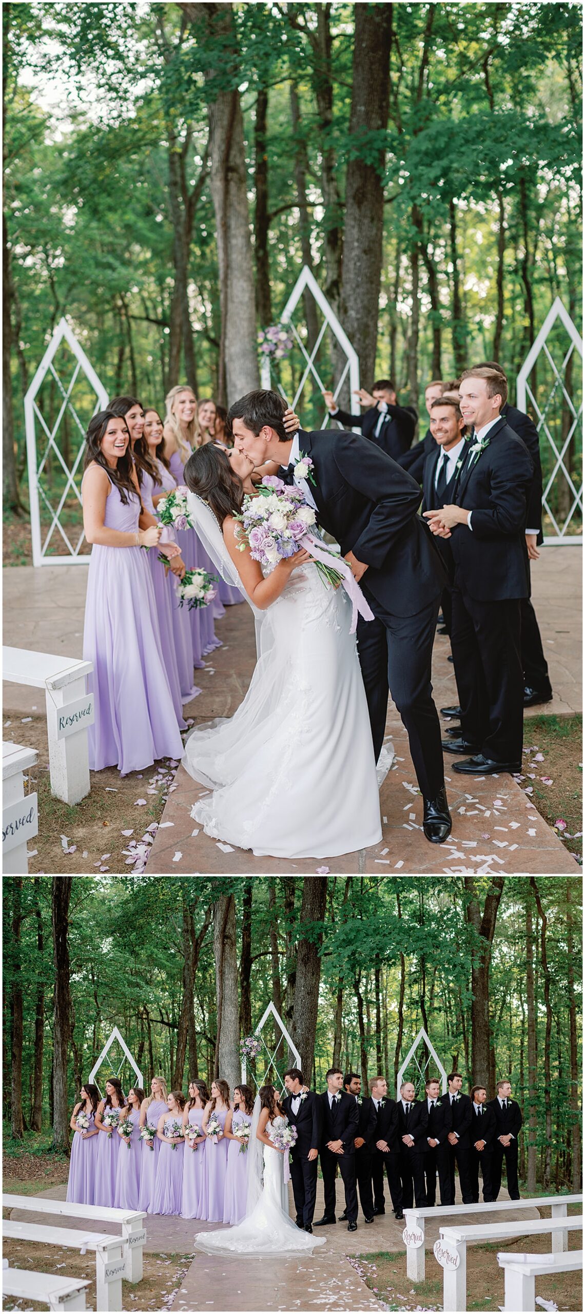 Newlyweds kiss in the middle of their large wedding party at their hickory meadow charlotte tn wedding