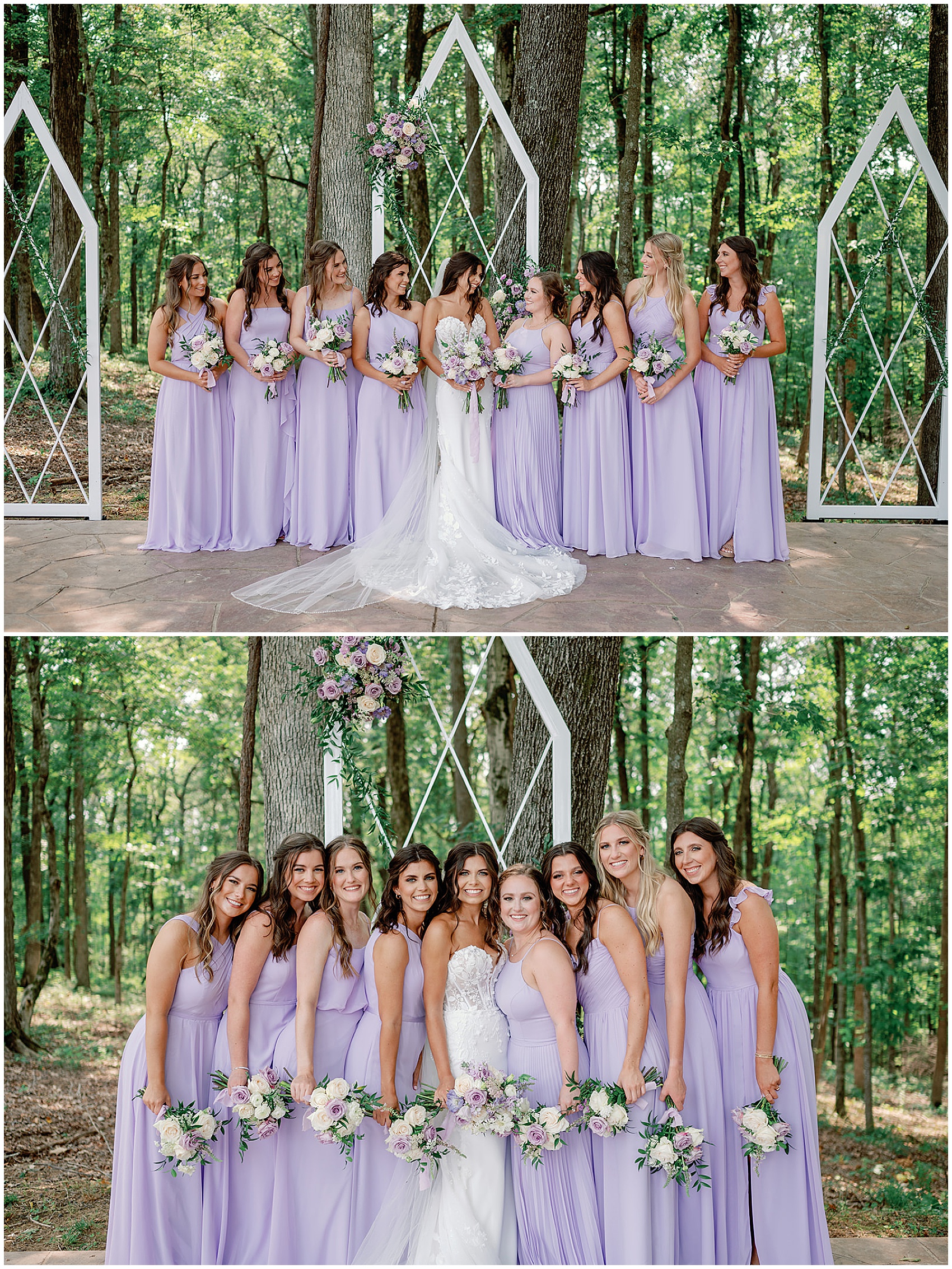 A bride stands surrounded by her bridesmaids in purple dresses all holding their bouquets