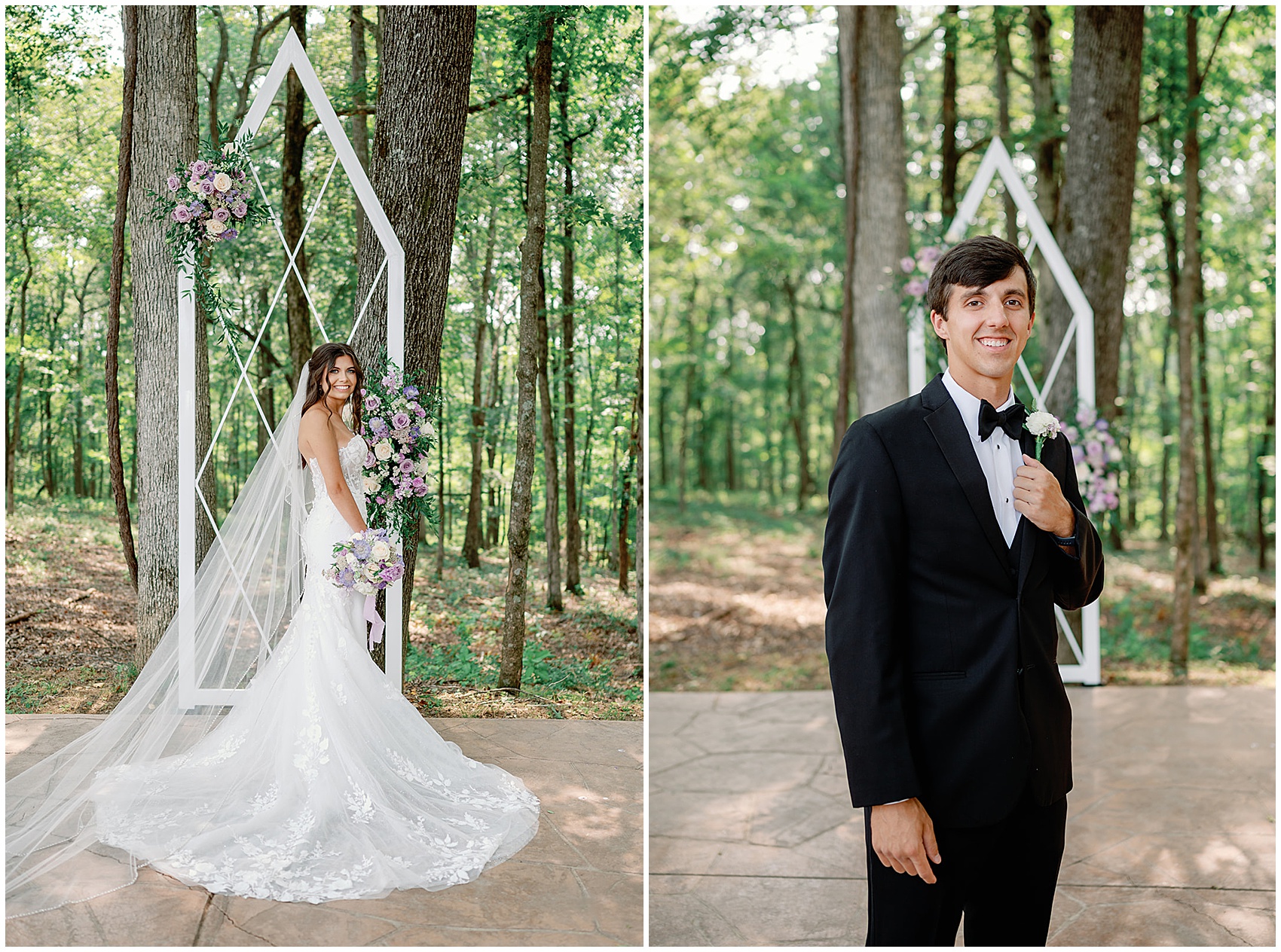 A bride and groom stand in a forest holding the purple and white bouquet and the black tuxedo lapel