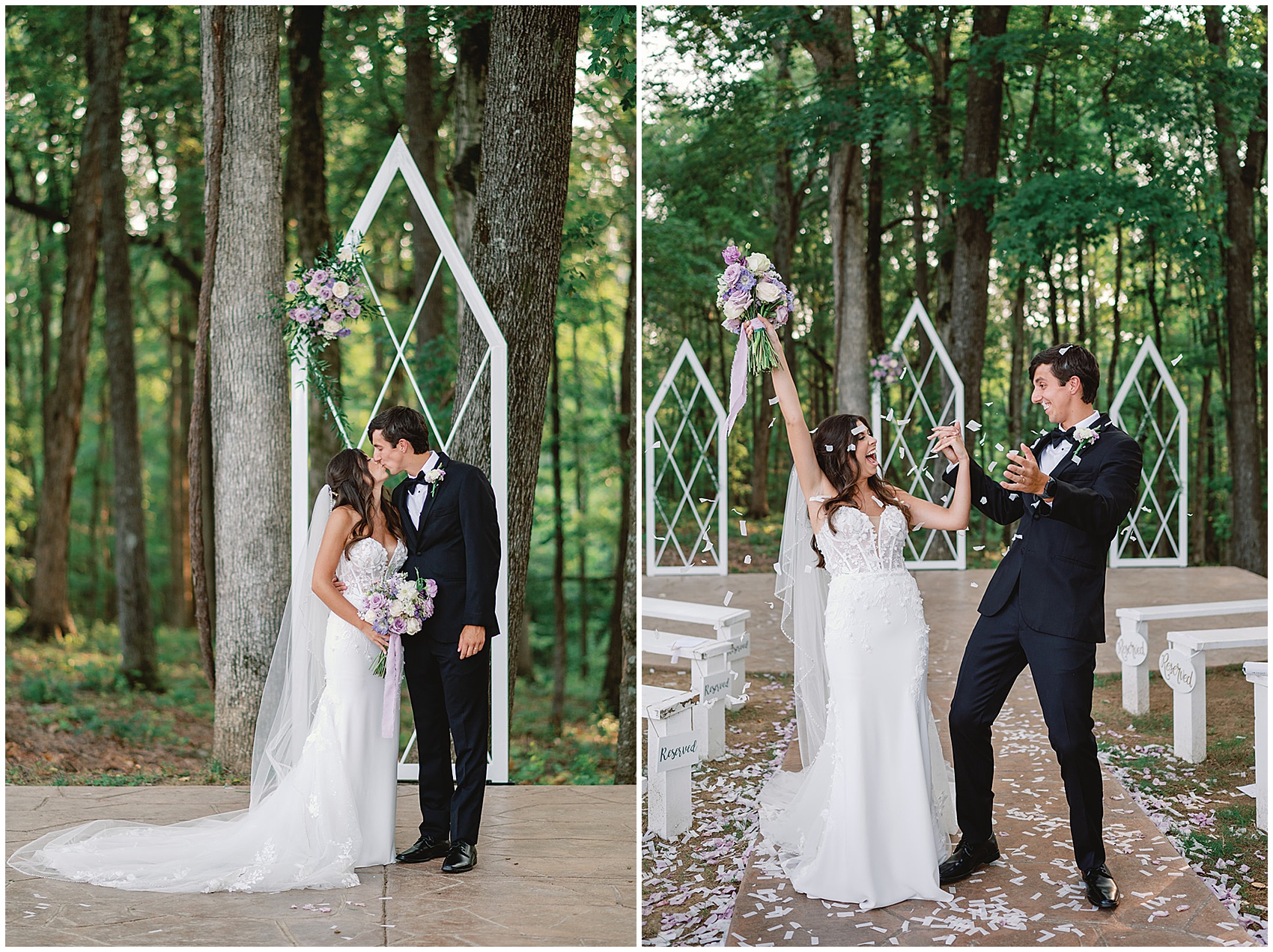 Newlyweds kiss and celebrate after their wedding ceremony with confetti in the forest