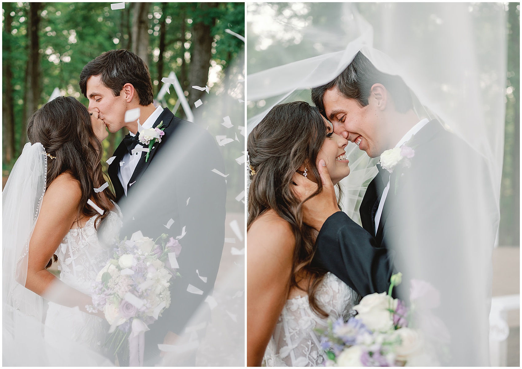 Newlyweds kiss while hiding under the veil and being showered in confetti