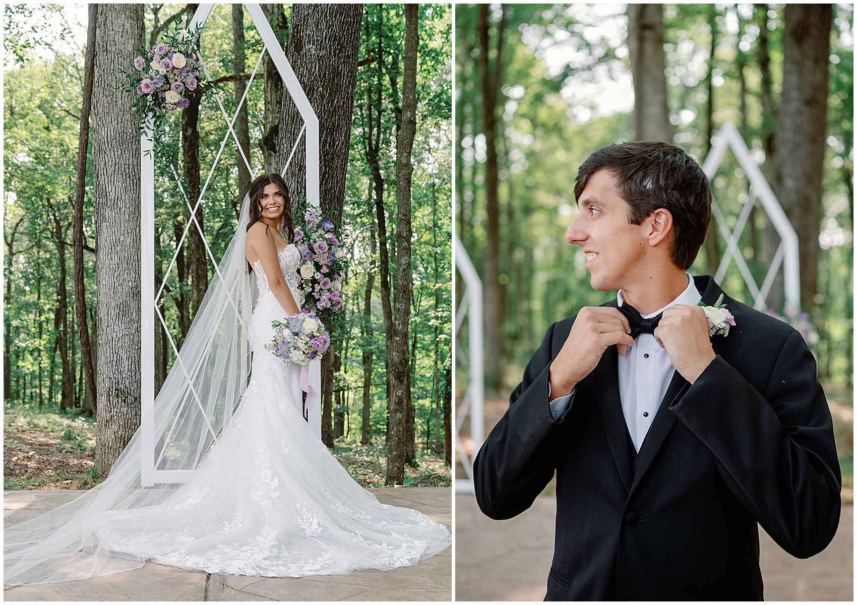 A groom in a black tuxedo adjusts his bowtie while his bride stands holding her bouquet