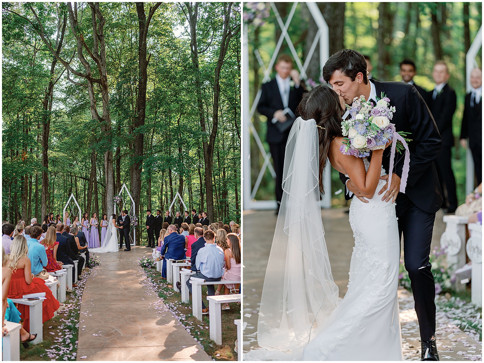 Newlyweds kiss in the aisle at the end of their wedding reception in a forest