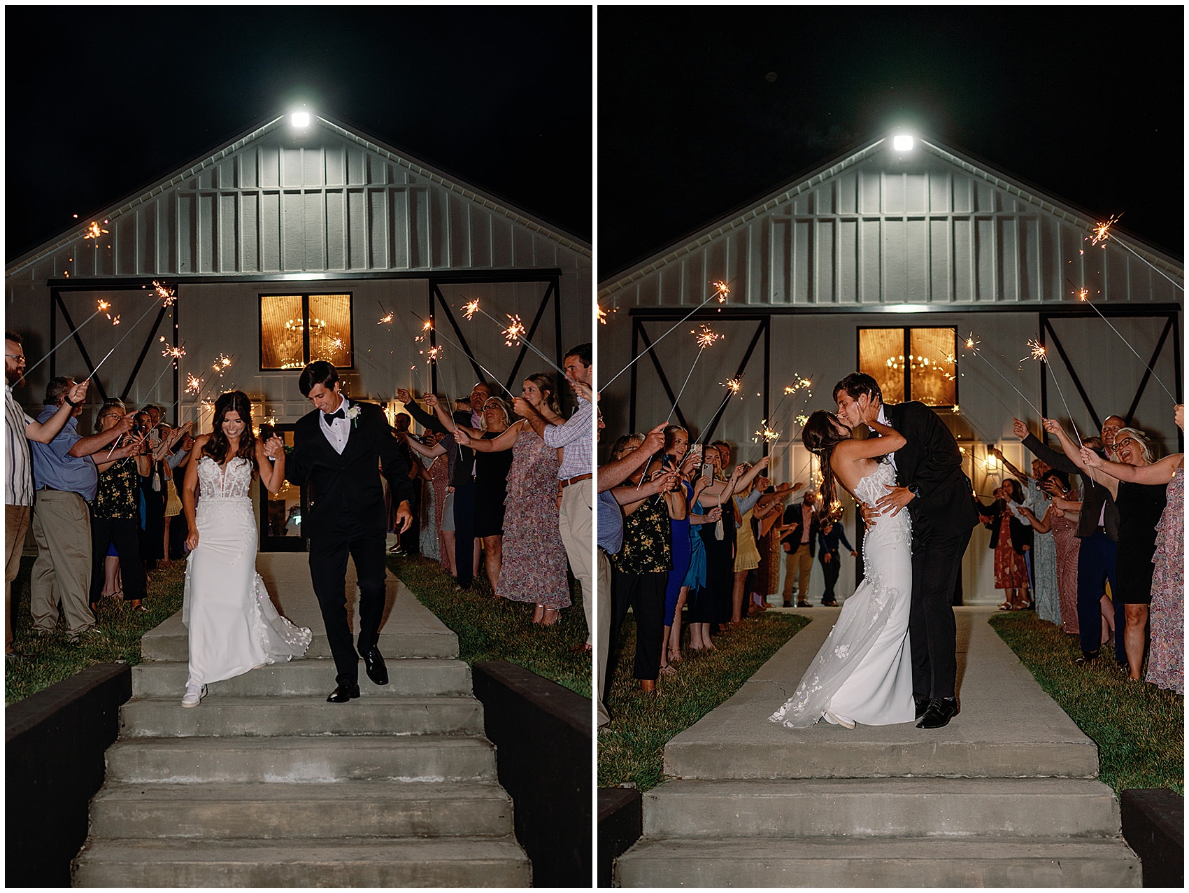 Newlyweds kiss and walk down an aisle of sparklers held by guests while exiting their hickory meadow charlotte tn wedding