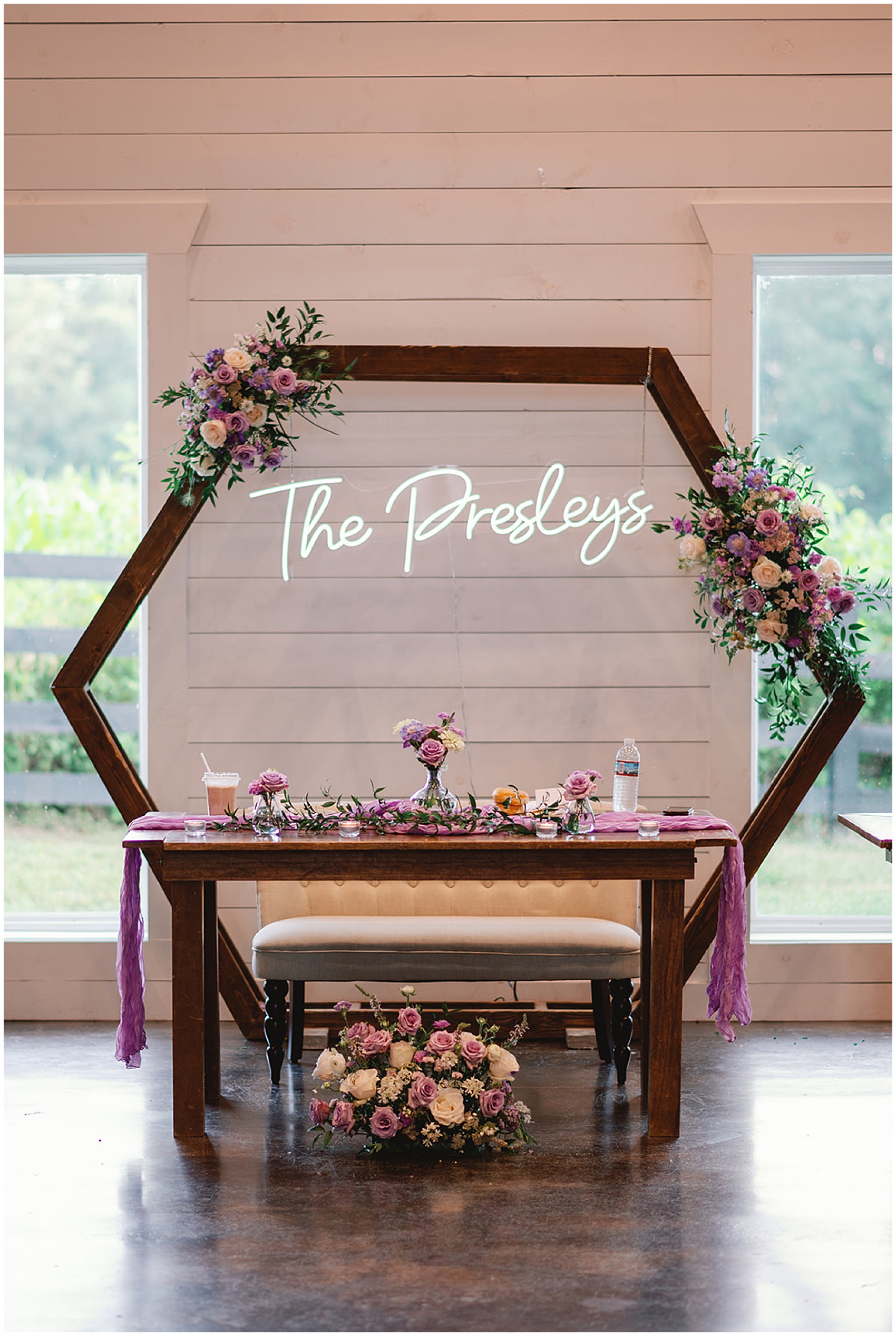 Details of a wooden head table and arbor at hickory meadow charlotte tn