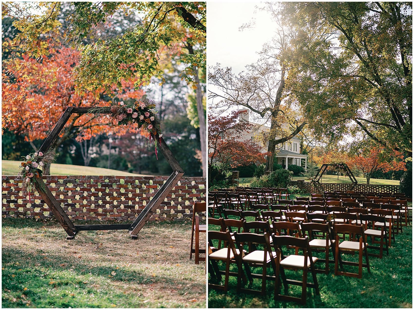 Details of a wedding ceremony set up with a wooden arbos and chairs along a brick wall in a garden
