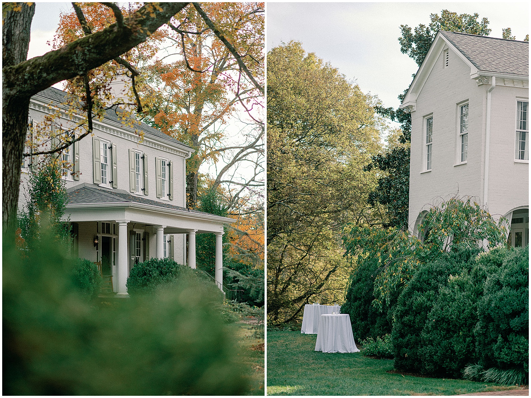 Details of the front porch and side lawn of the maple grove estate wedding venue