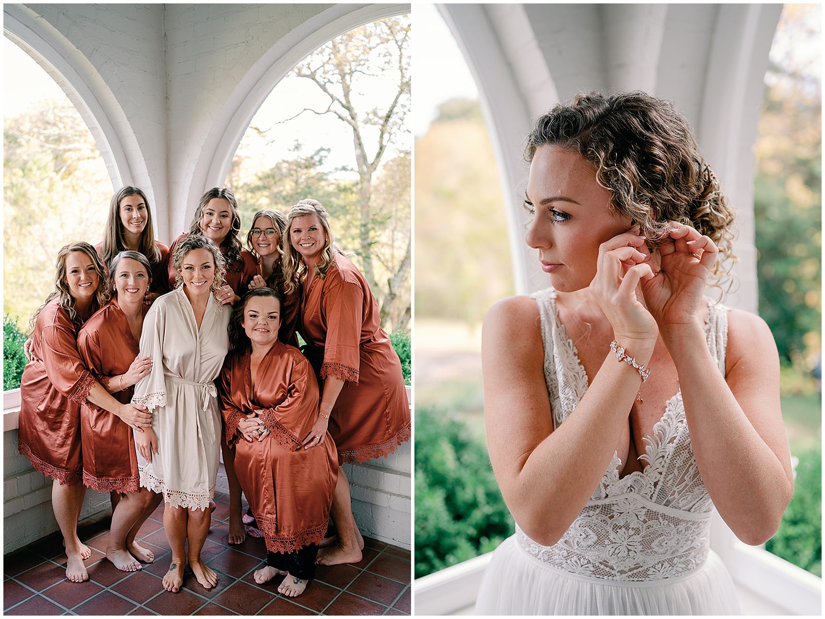 A bride stands with her wedding party in matching pajamas and puts on her earrings in a window