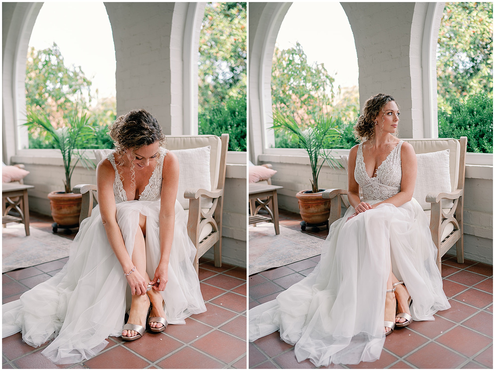 A bride sits in the getting ready room putting on her shoes