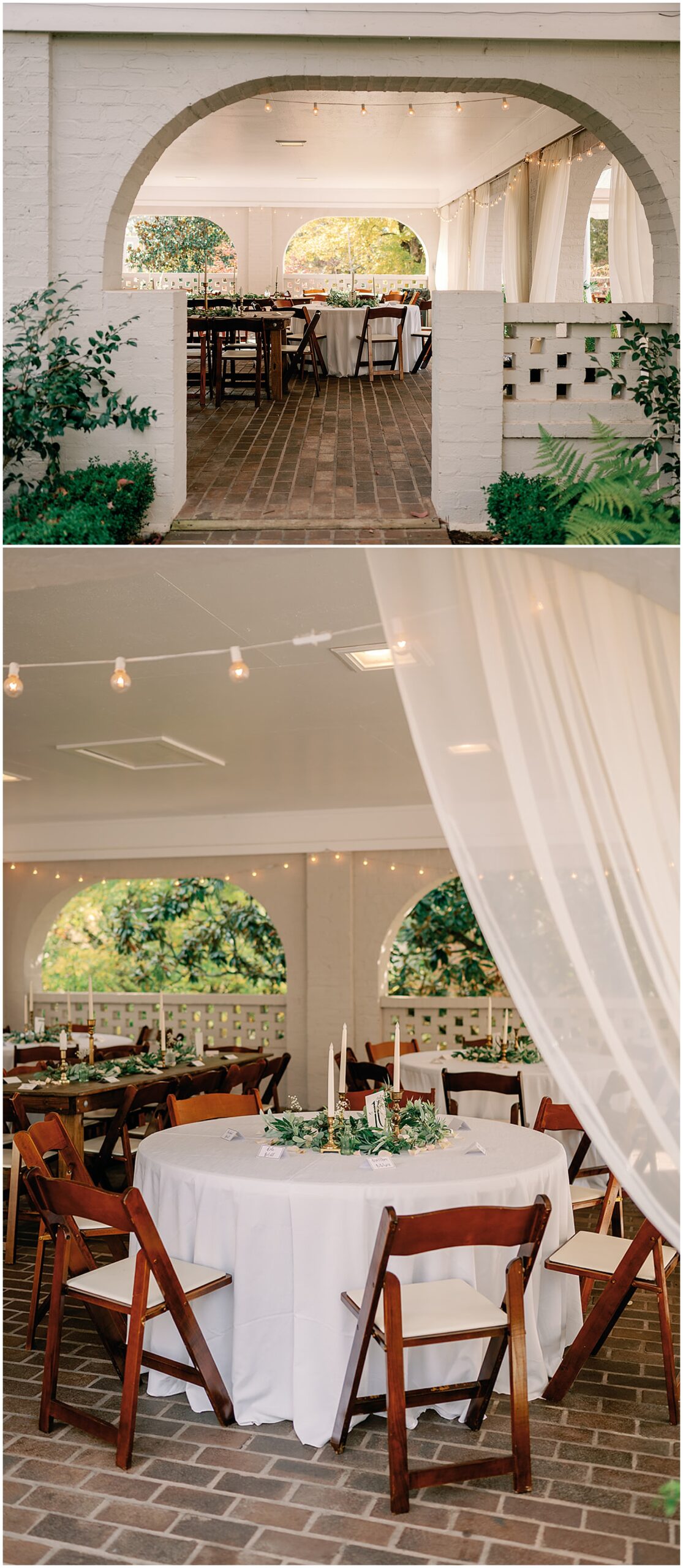 Details of the outdoor covered maple grove estate wedding reception venue with wooden chairs