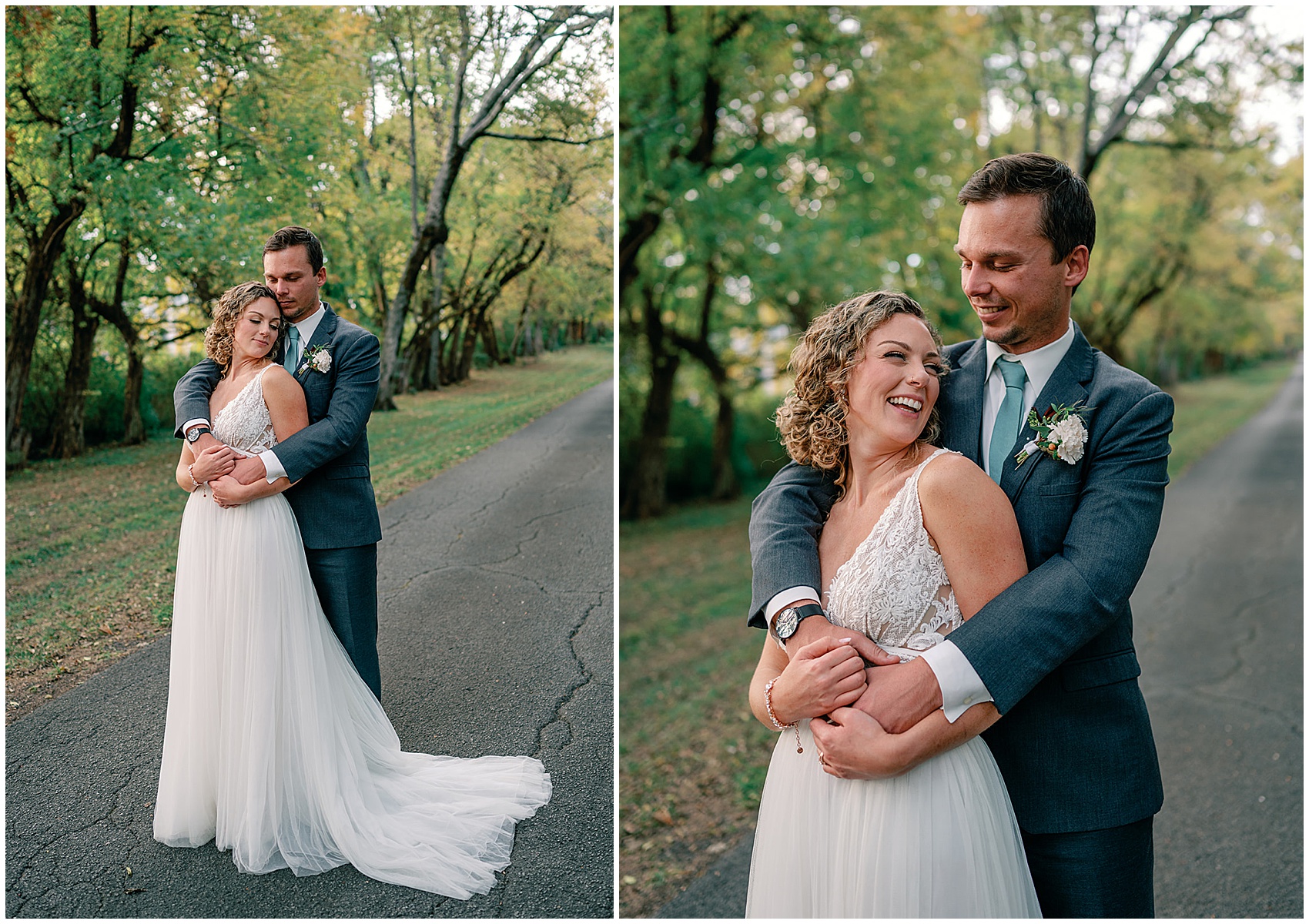 A bride leans into her groom on a paved path while smiling at the maple grove estate