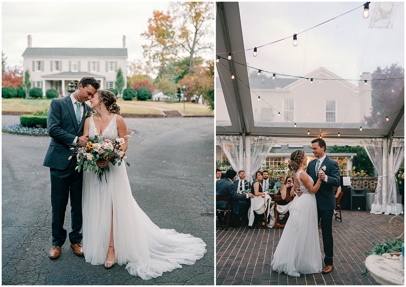 Newlyweds dance for the first time under a clear tent at their maple grove estate wedding