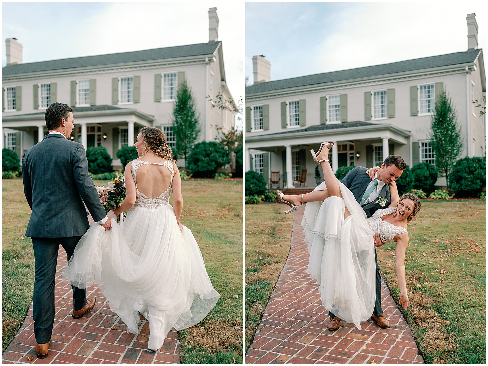 Newlyweds walk and play on the front brick path in front of the maple grove estate