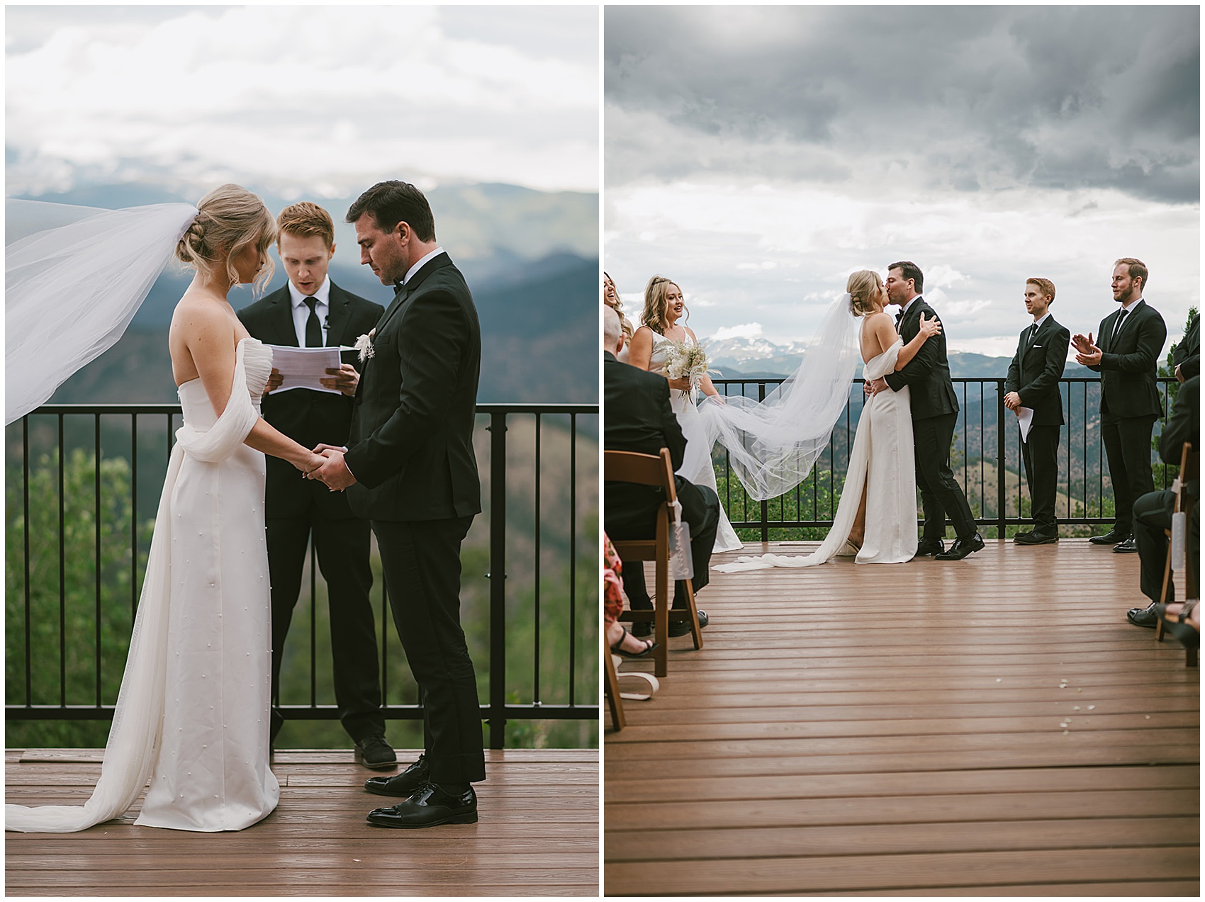 Newlyweds kiss to finish their wedding on an outdoor deck overlooking the mountains