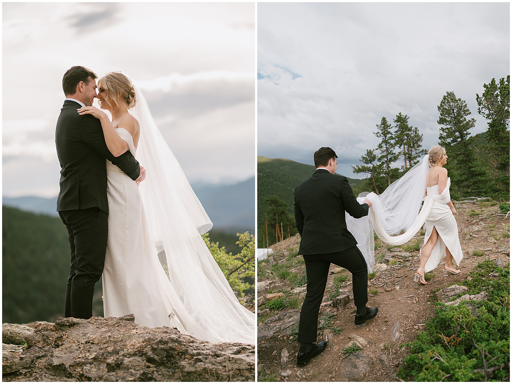 Newlyweds walk up a mountain trail and embrace one another at their north star gatherings wedding