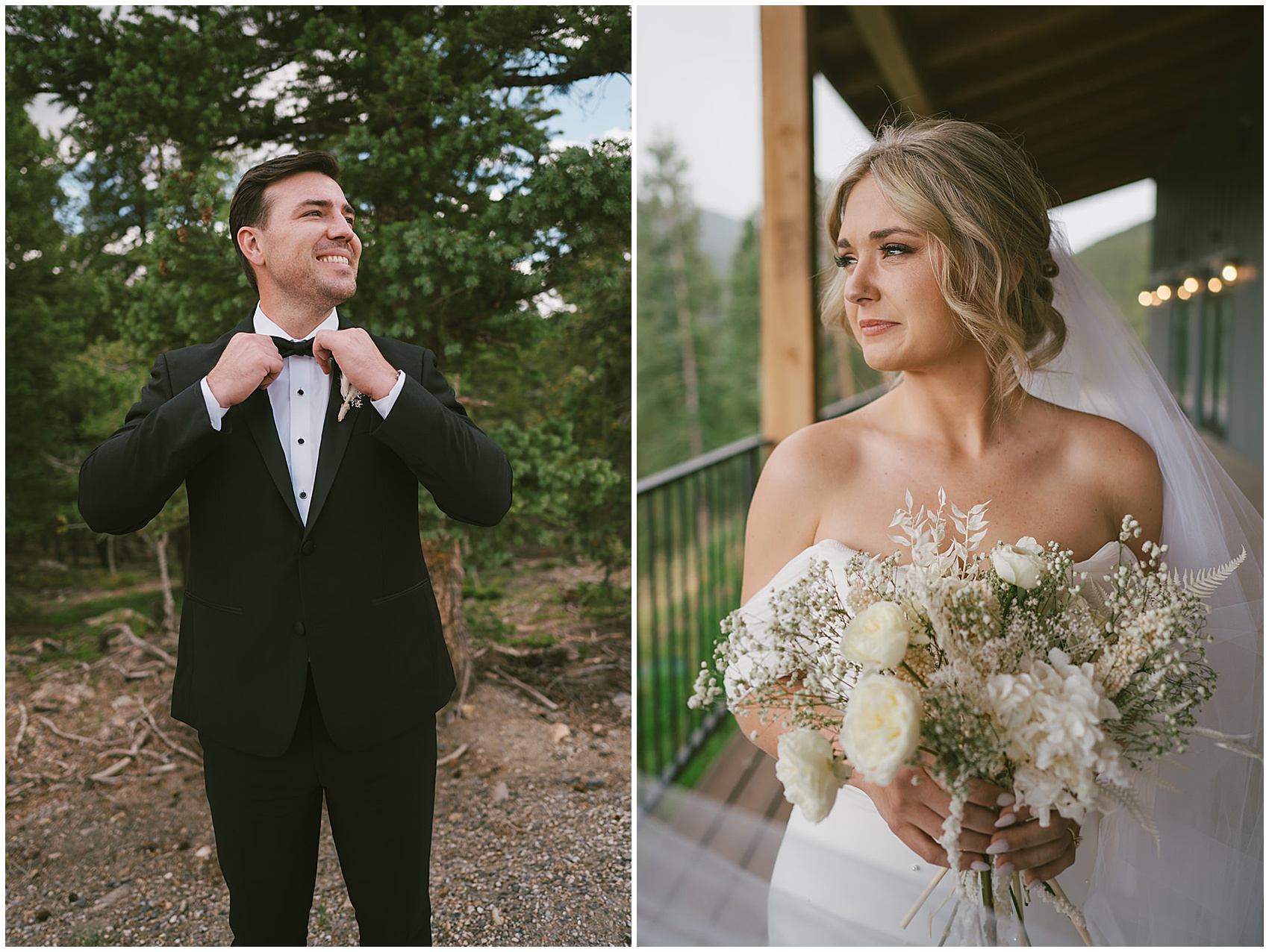 A groom and bride put on their final touches before their wedding