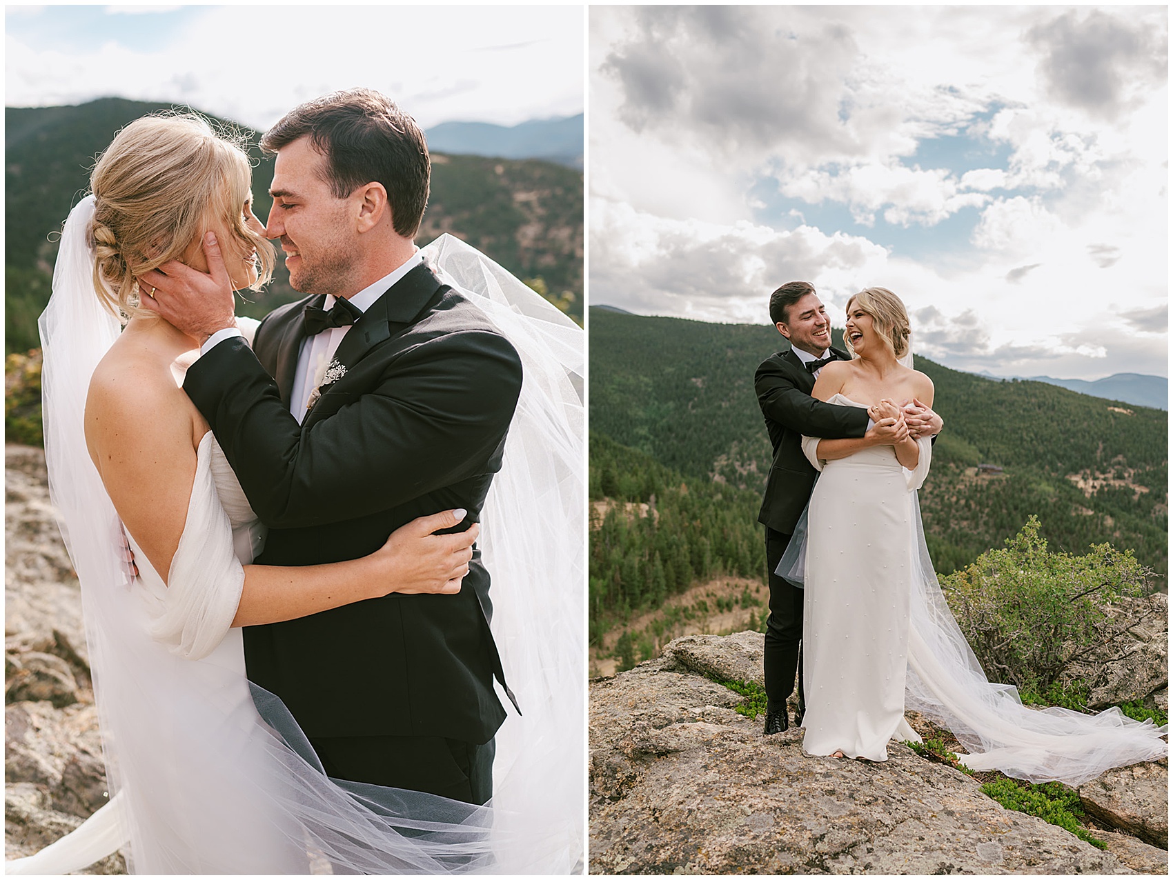 Newlyweds laugh and kiss while standing on a rocky mountain overlook