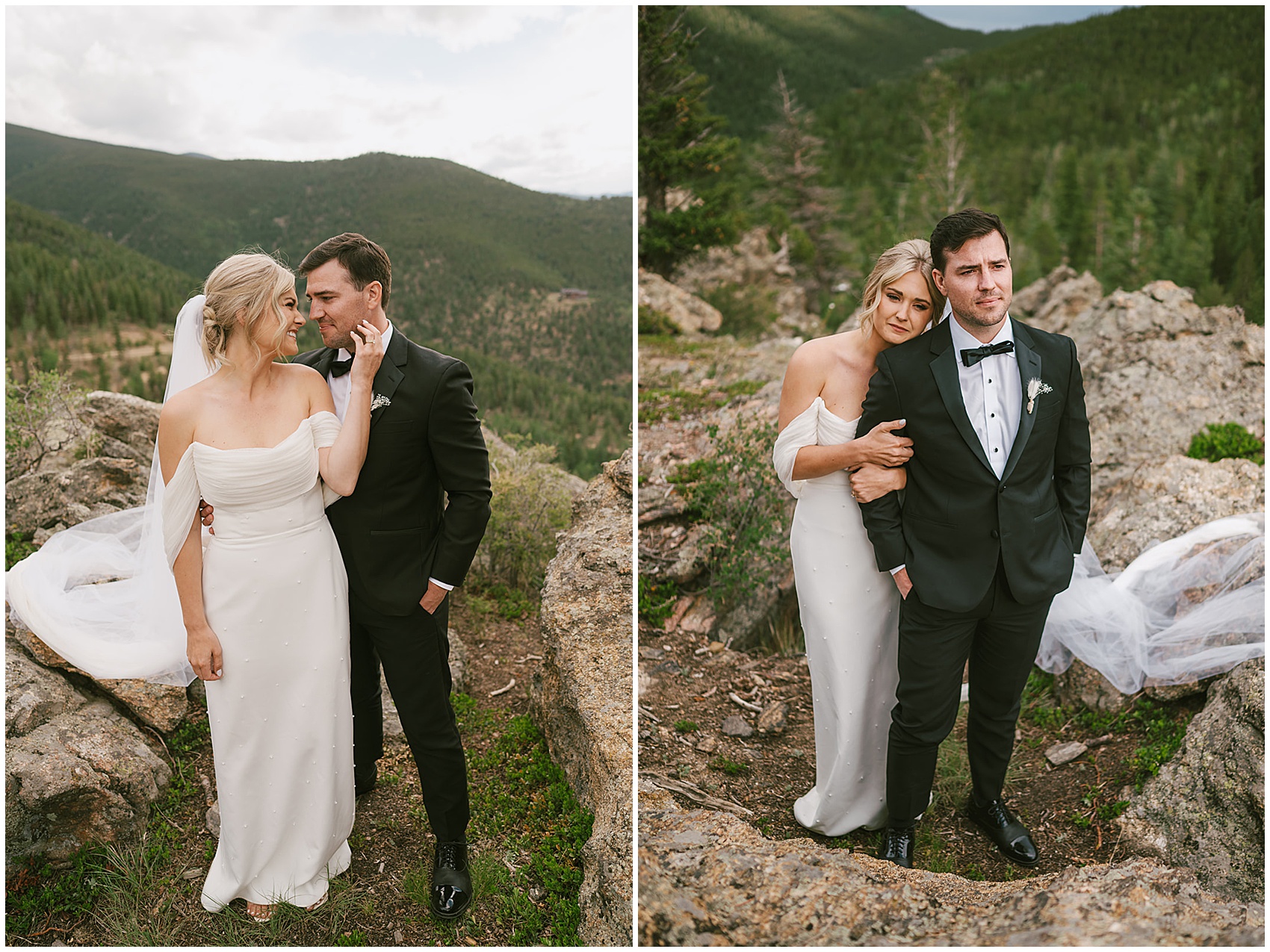 Newlyweds stand together on a rocky mountain trail at sunset north star gatherings wedding