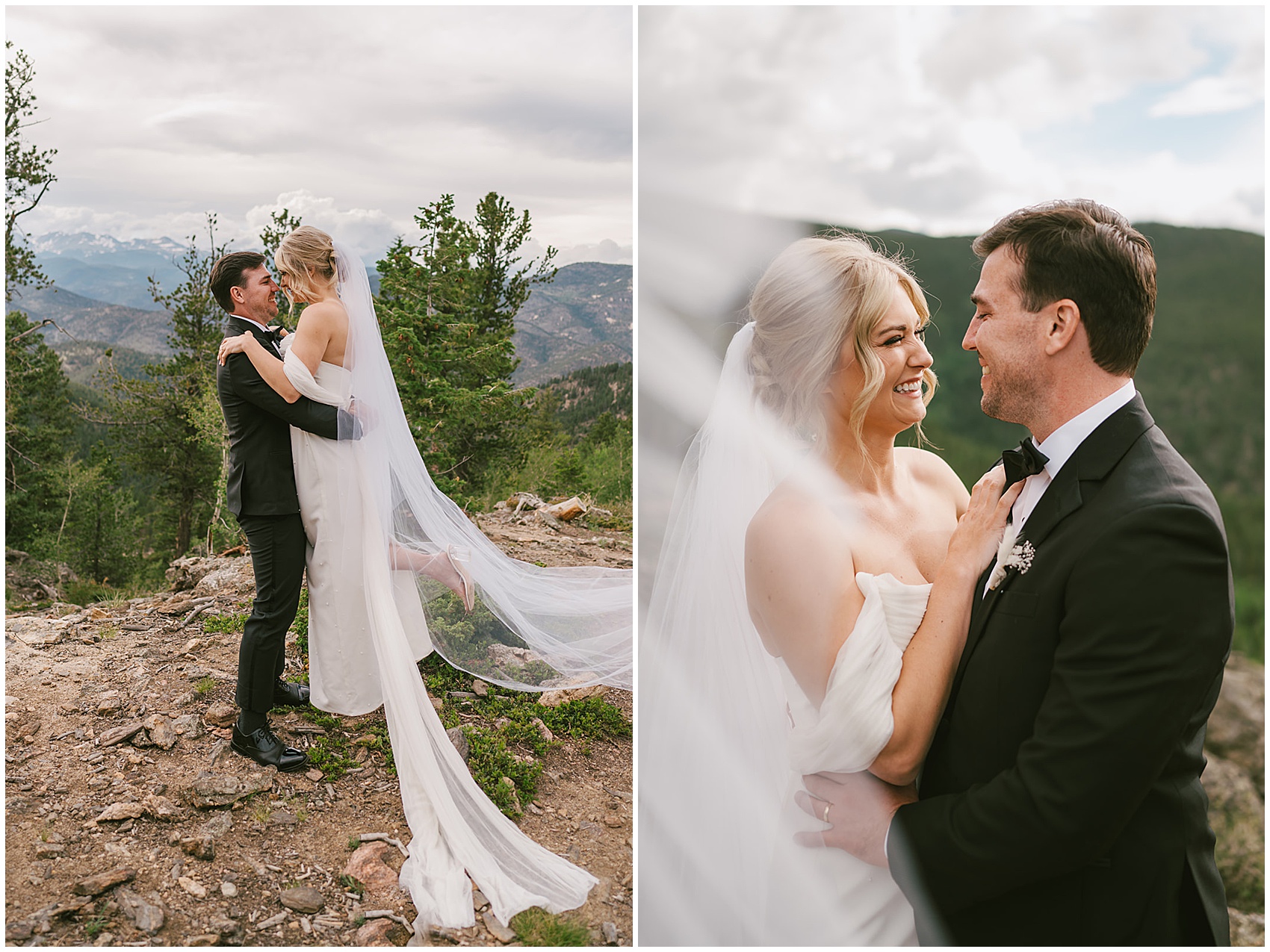 A groom laughs with his bride while lifting her on a mountain trail