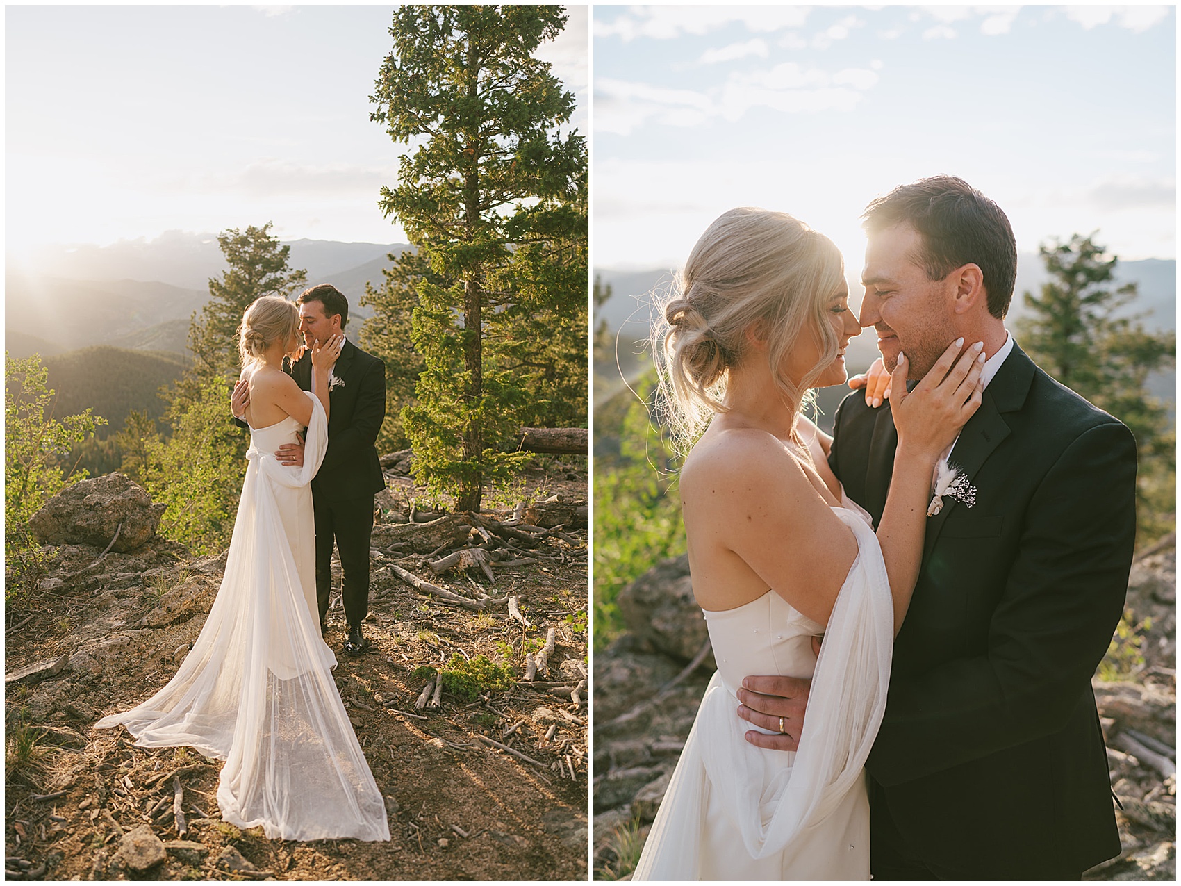 Newlyweds touch noses while holding each other at sunset on a mountain trail