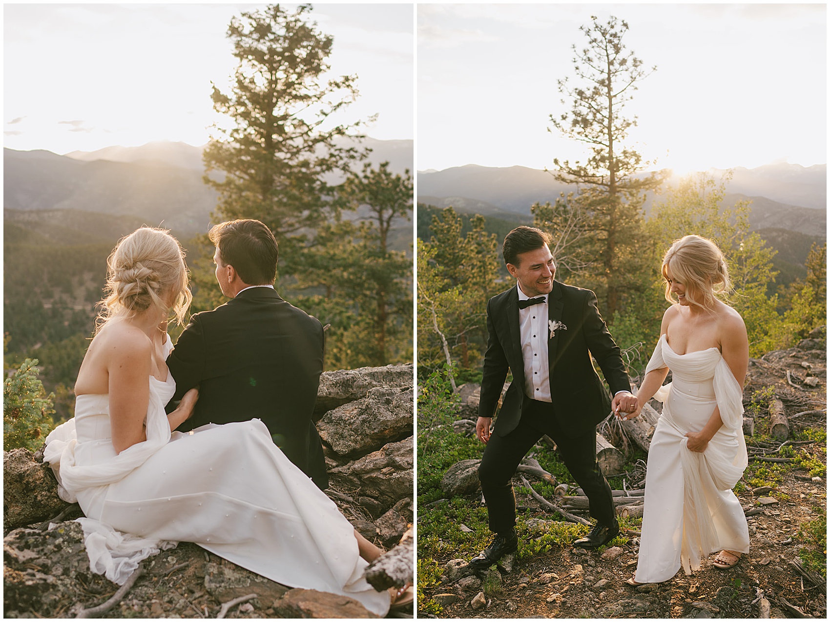 Newlyweds hike and sit on a rock at sunset on a mountain trail at their north star gatherings wedding