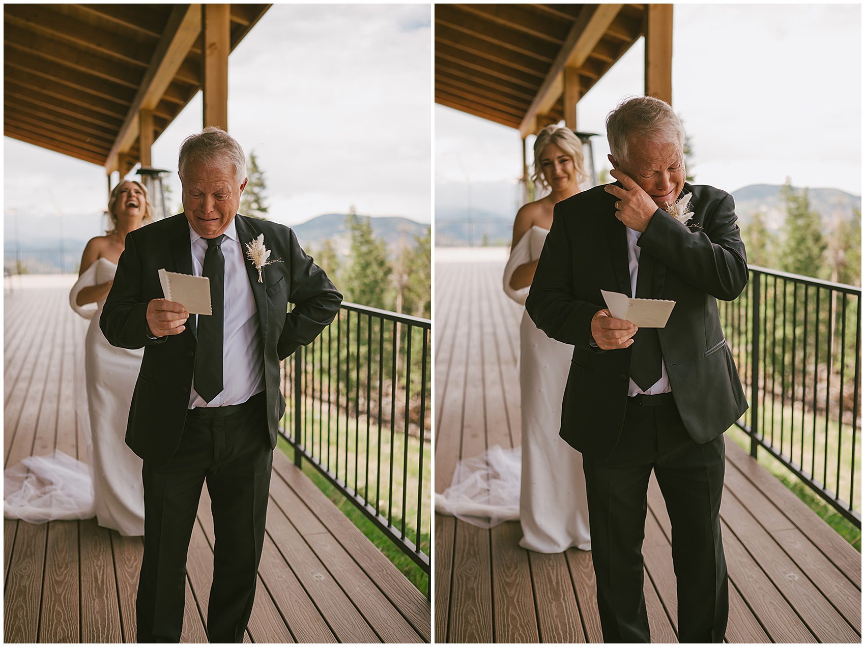 A father cries while reading a letter from his daughter standing behind him in a wedding dress north star gatherings wedding