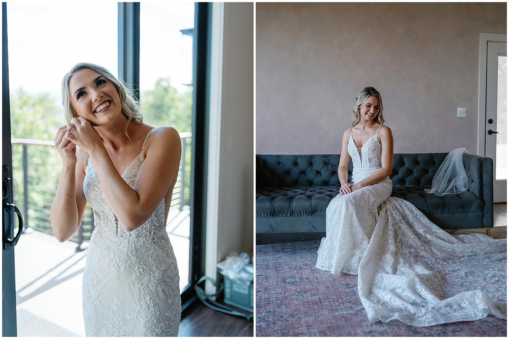 A bride sits on a couch and puts on her earrings in a white lace dress