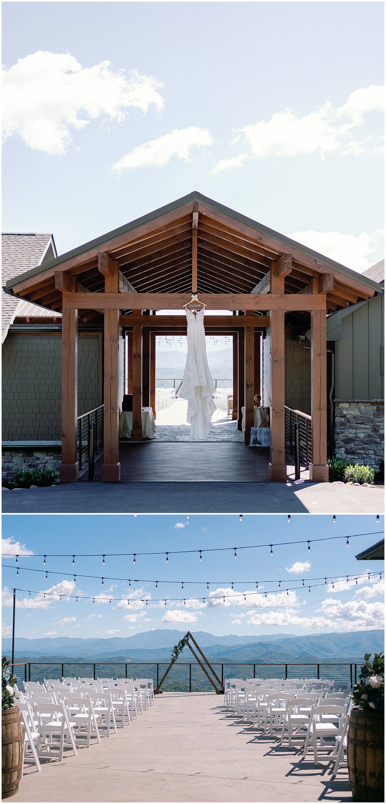 A long white lace wedding dress hangs from a roof beam over a walkway at the trillium venue
