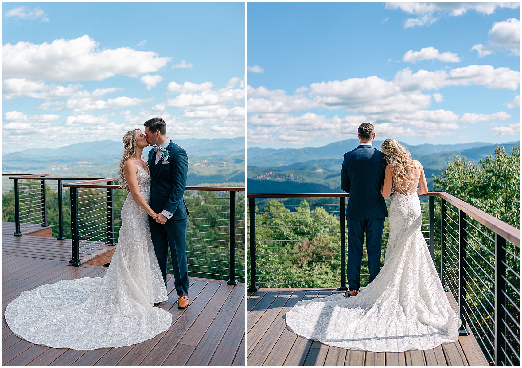 Newlyweds kiss and stand together on a large outdoor deck overlooking the mountains at the trillium venue