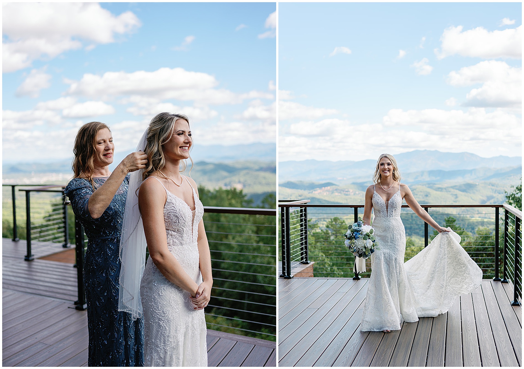 A bride puts on her finishing touches with help from her mom on a large outdoor deck with a mountain view