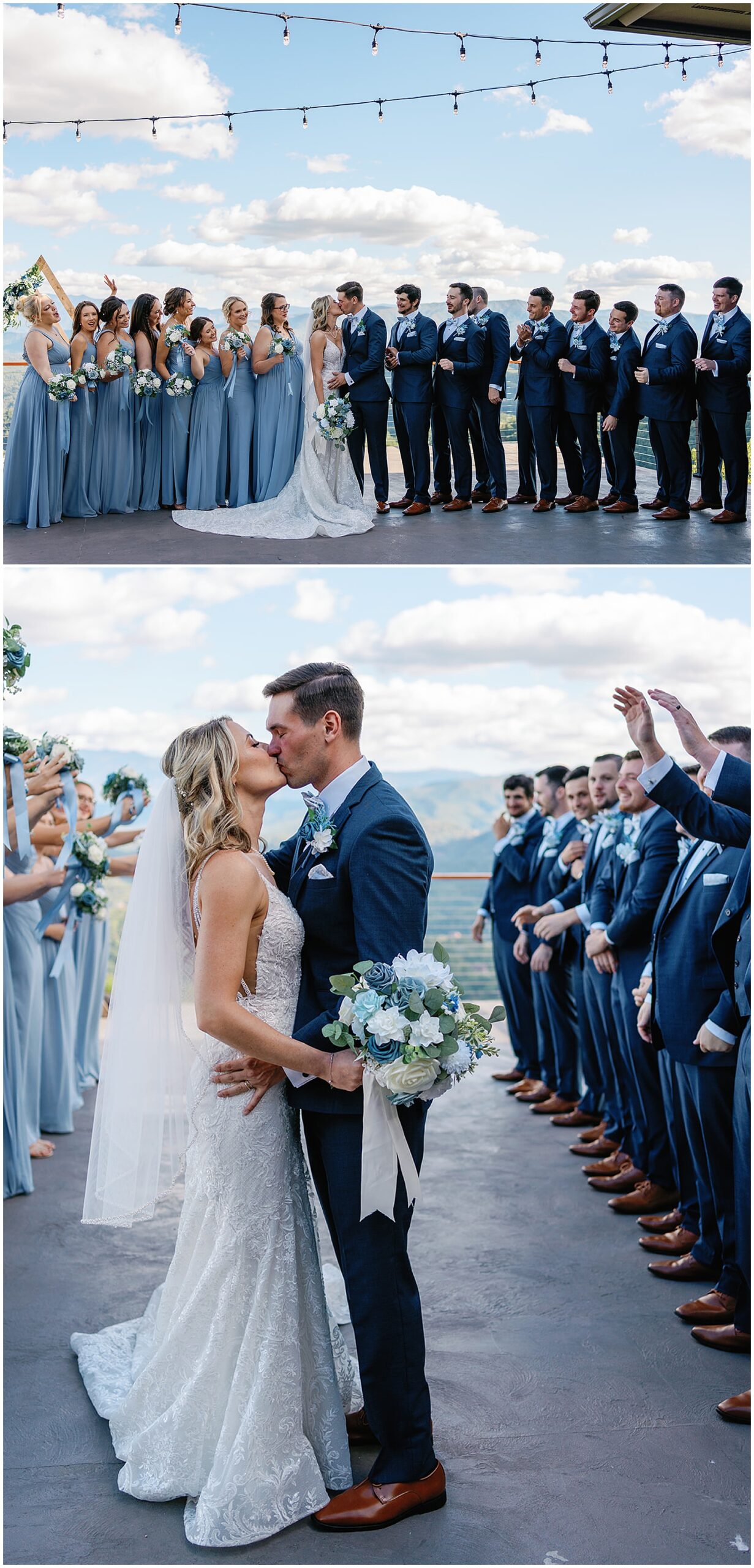 Newlyweds kiss while standing on an outdoor patio surrounded by their large wedding party