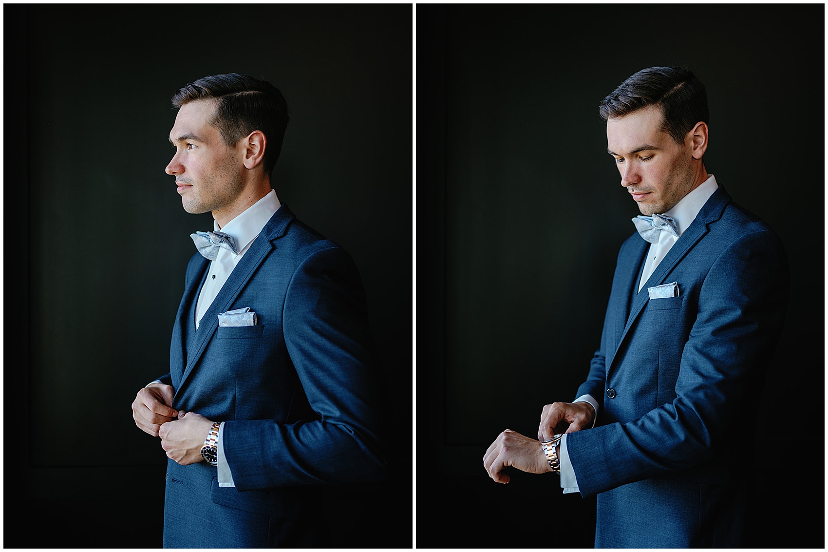 A groom in a blue suit adjusts his buttons and watch while getting ready