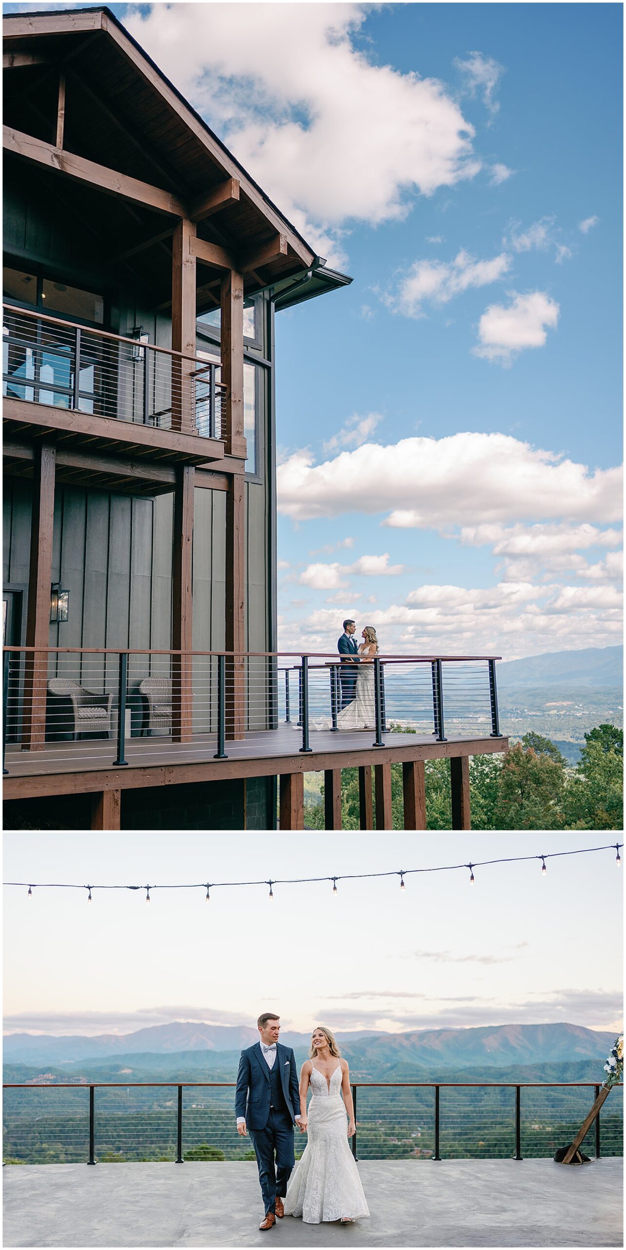 Newlyweds stand on the patio deck and hold hands while walking overlooking the mountains