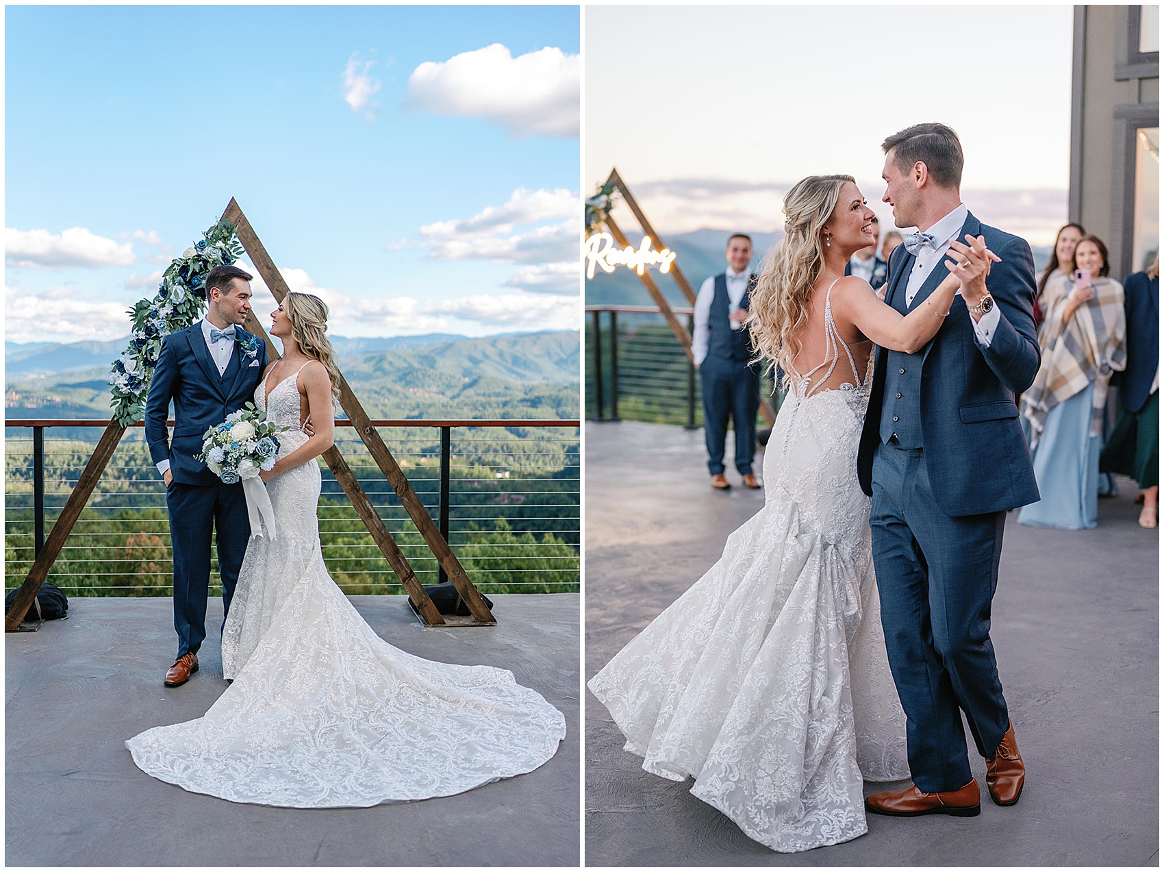 Newlyweds dance for the first time at sunset on an outdoor patio in a blue suit and lace dress at the trillium venue