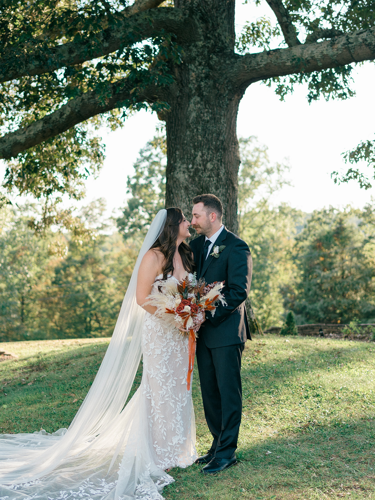 Newlyweds lean in for a kiss under a tree at sunset